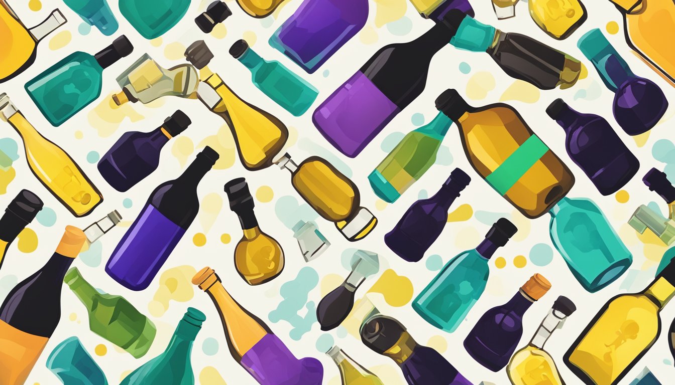 Various alcohol bottles surrounded by question marks, with a sign reading "Frequently Asked Questions alcohol brands."