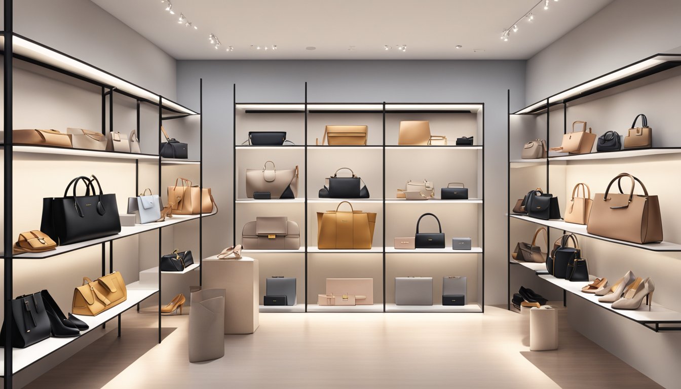 A display of Celine brand products arranged on sleek shelves with soft lighting, showcasing a range of handbags, shoes, and accessories