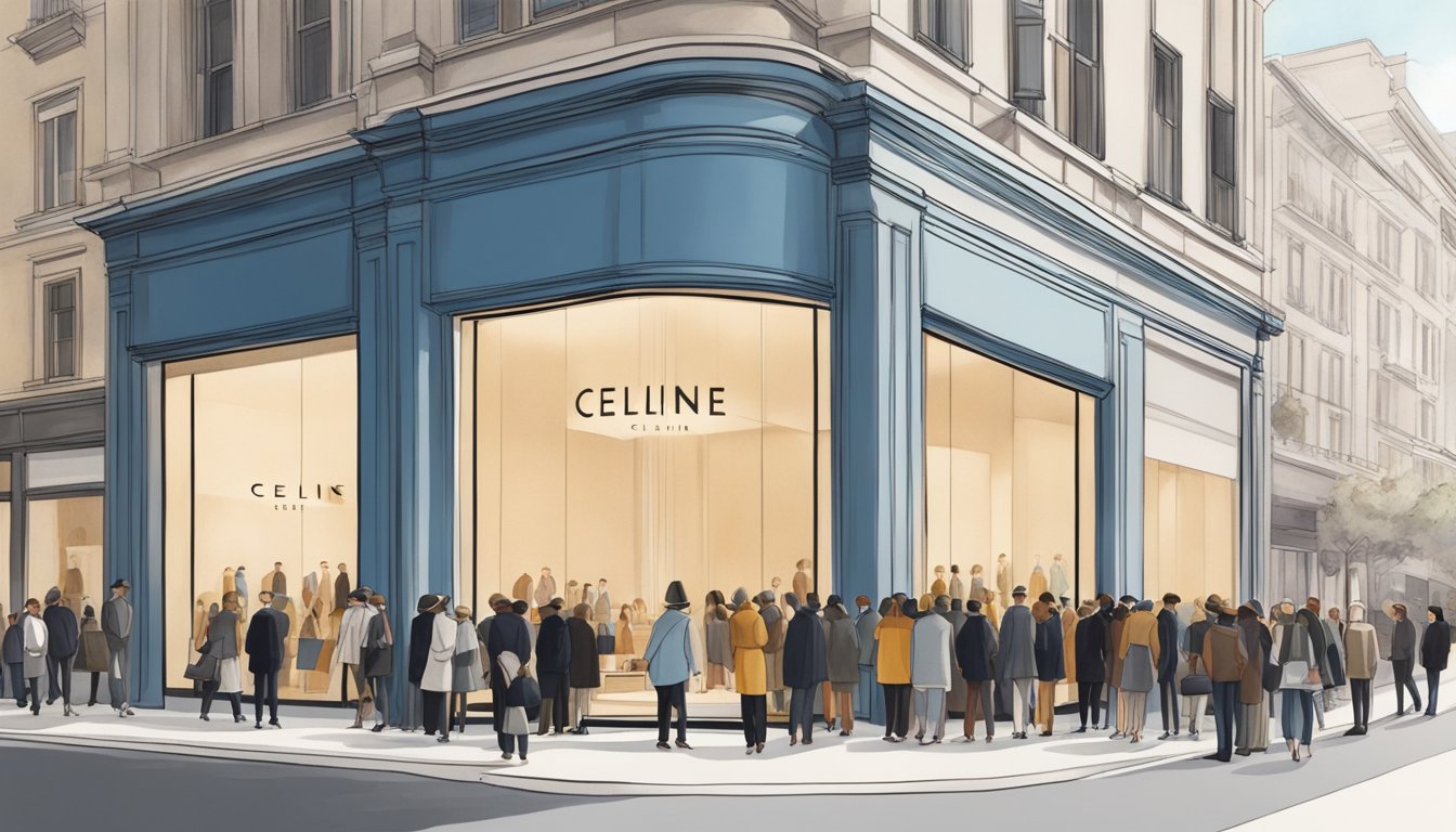 A crowd gathers around a Celine storefront, admiring the iconic logo and sleek designs. The brand's influence is evident in the surrounding architecture and fashion choices