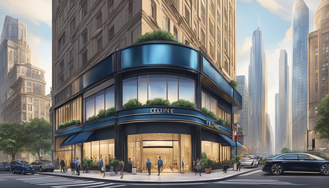 The Celine brand logo shines on a sleek storefront, surrounded by bustling city streets and towering skyscrapers