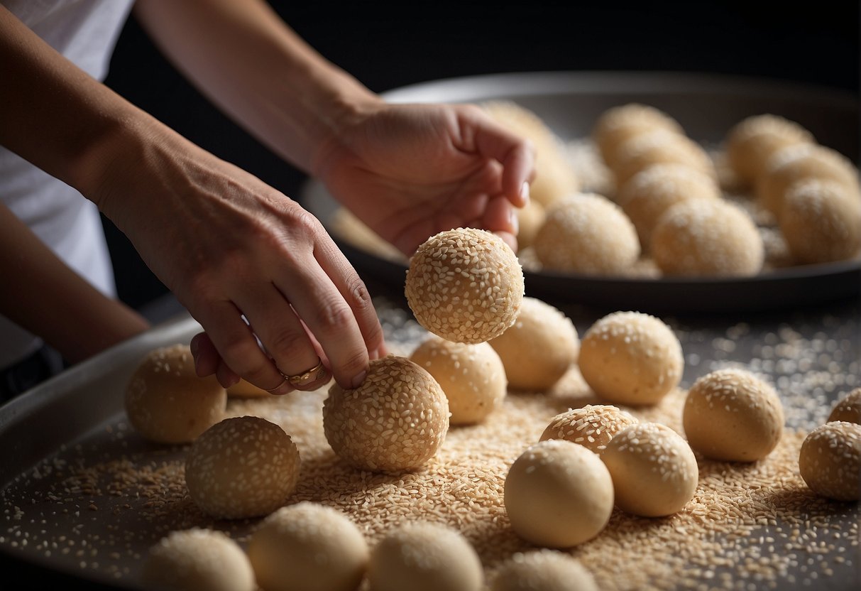 A pair of hands rolling dough into small balls, then coating them in sesame seeds before deep-frying