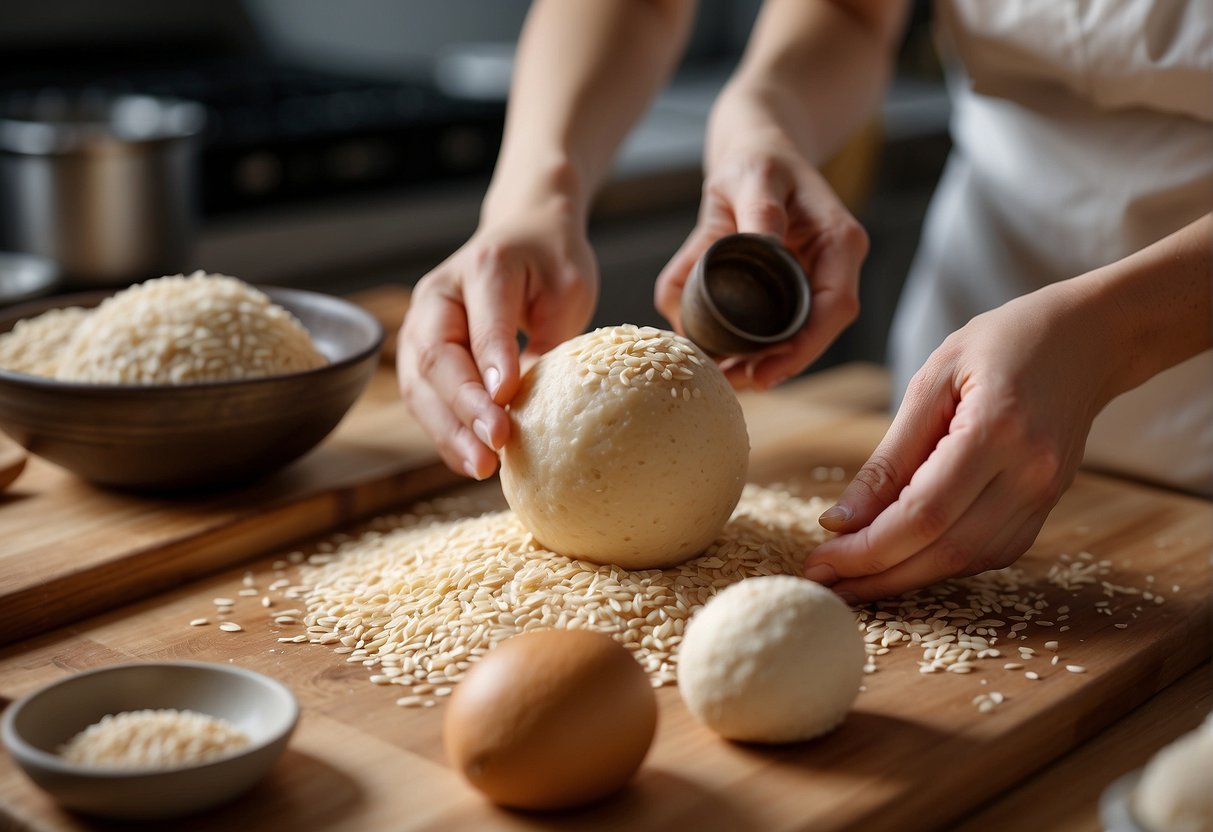 A pair of hands knead dough for Chinese sesame seed balls, surrounded by ingredients and utensils on a clean, well-lit kitchen counter