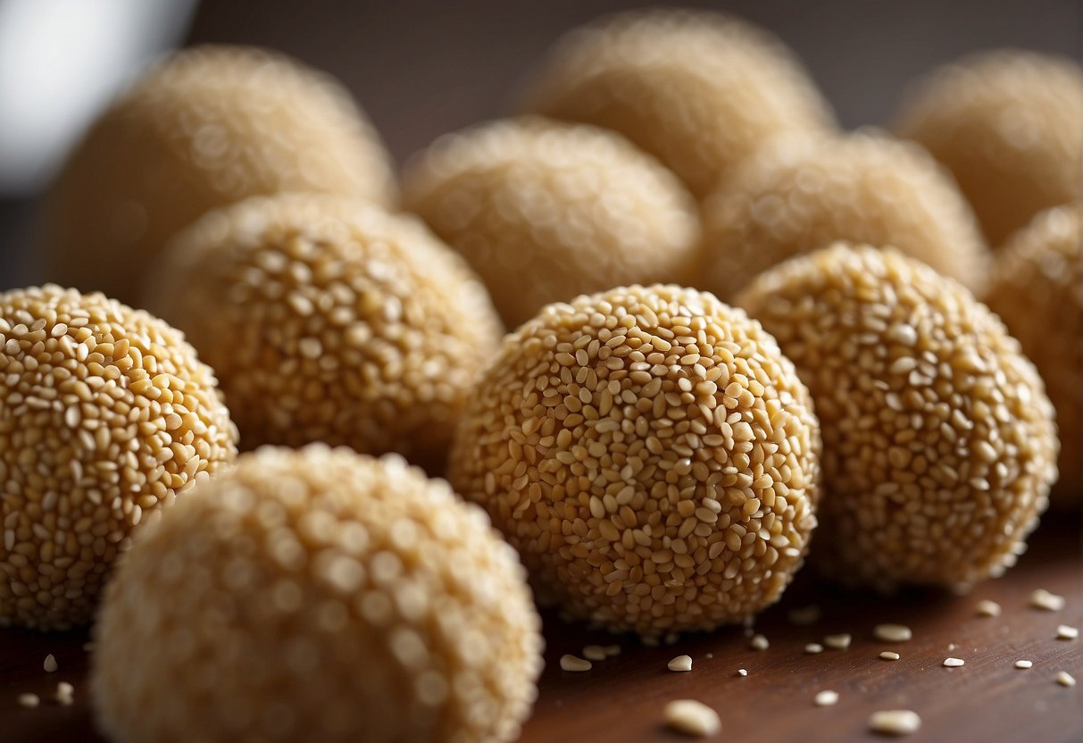 Sesame seed balls being shaped and coated in a sticky mixture