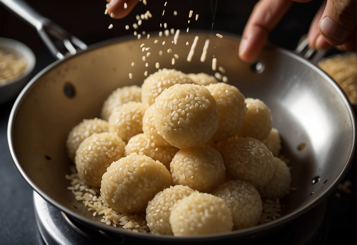 Stirring sticky rice dough with sesame seeds, shaping into balls, and deep-frying until golden brown
