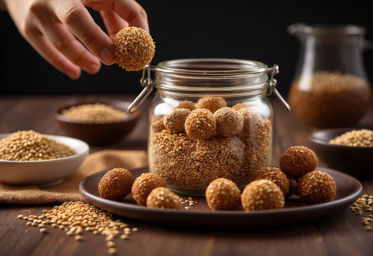 A hand reaches for a plate of golden brown sesame seed balls, while a jar of sesame seeds and a bowl of sweet red bean paste sit nearby