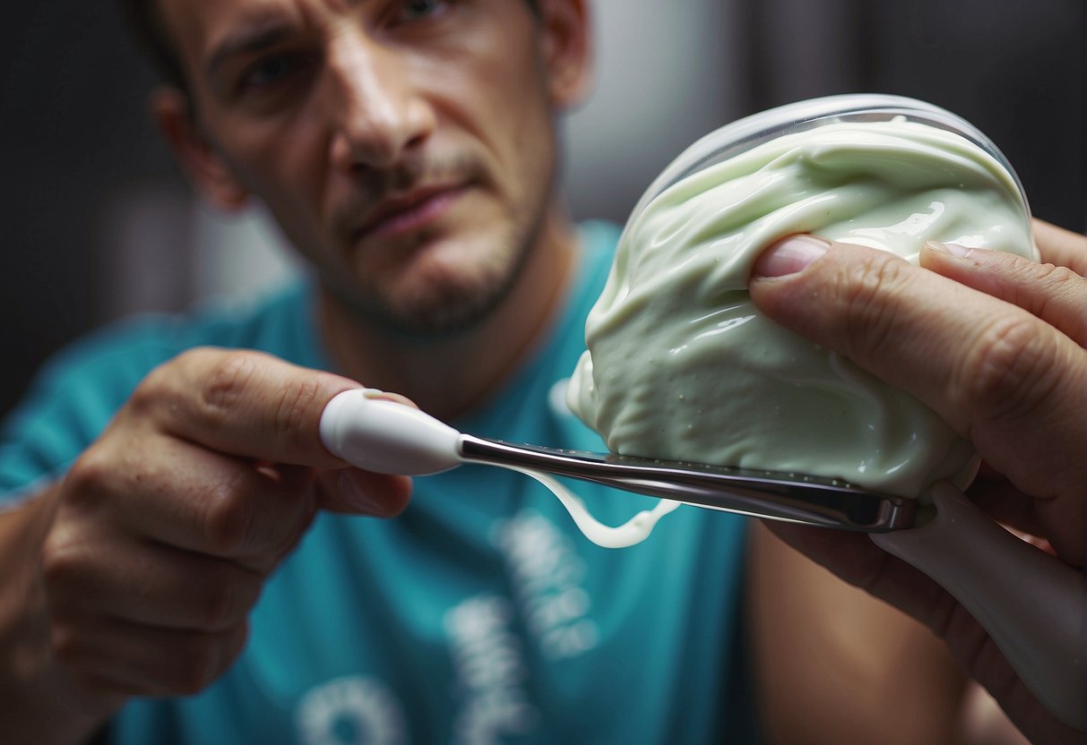 A person applying shaving cream to pubic area, using a razor to remove hair, and applying soothing lotion afterwards