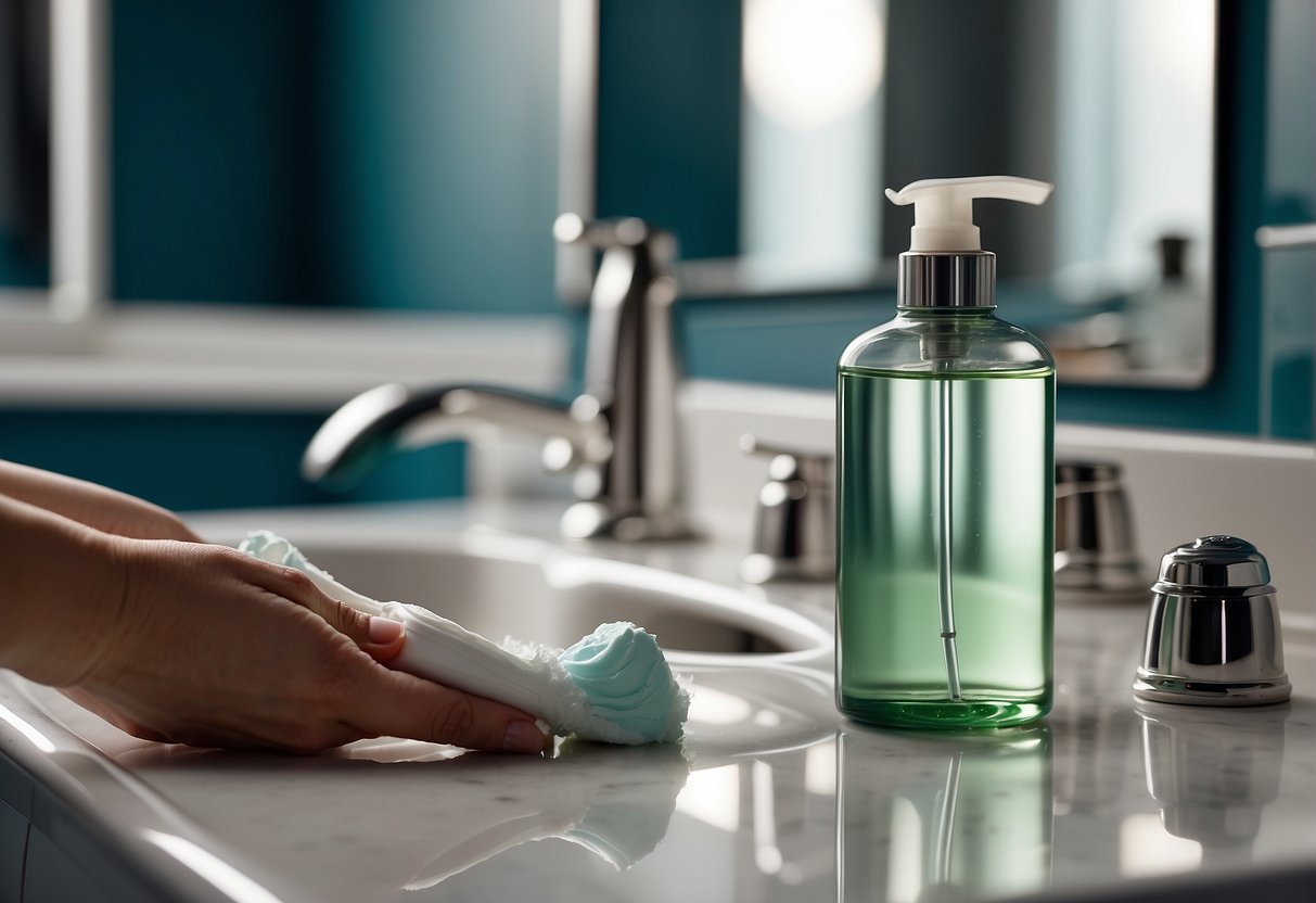 A woman's hand holding a razor near a bottle of shaving cream on a bathroom counter