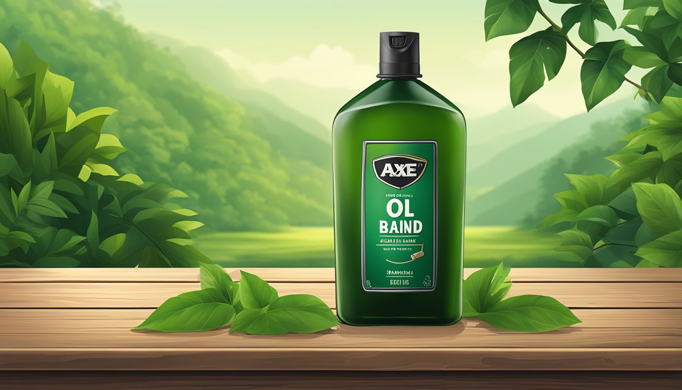 Axe brand oil bottle on a rustic wooden table with a background of lush green foliage