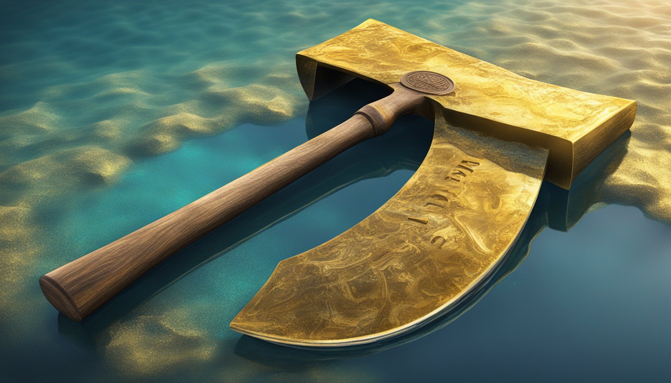 A large, weathered axe with the brand name "Historical Significance" is submerged in a pool of shimmering golden oil
