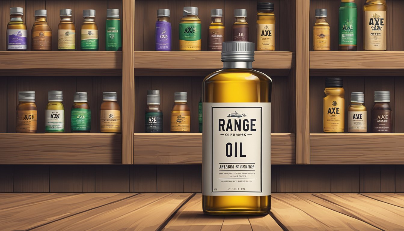 A bottle of Range axe brand oil sits on a wooden shelf, surrounded by other oil products. The label features a bold, modern design with the brand name prominently displayed