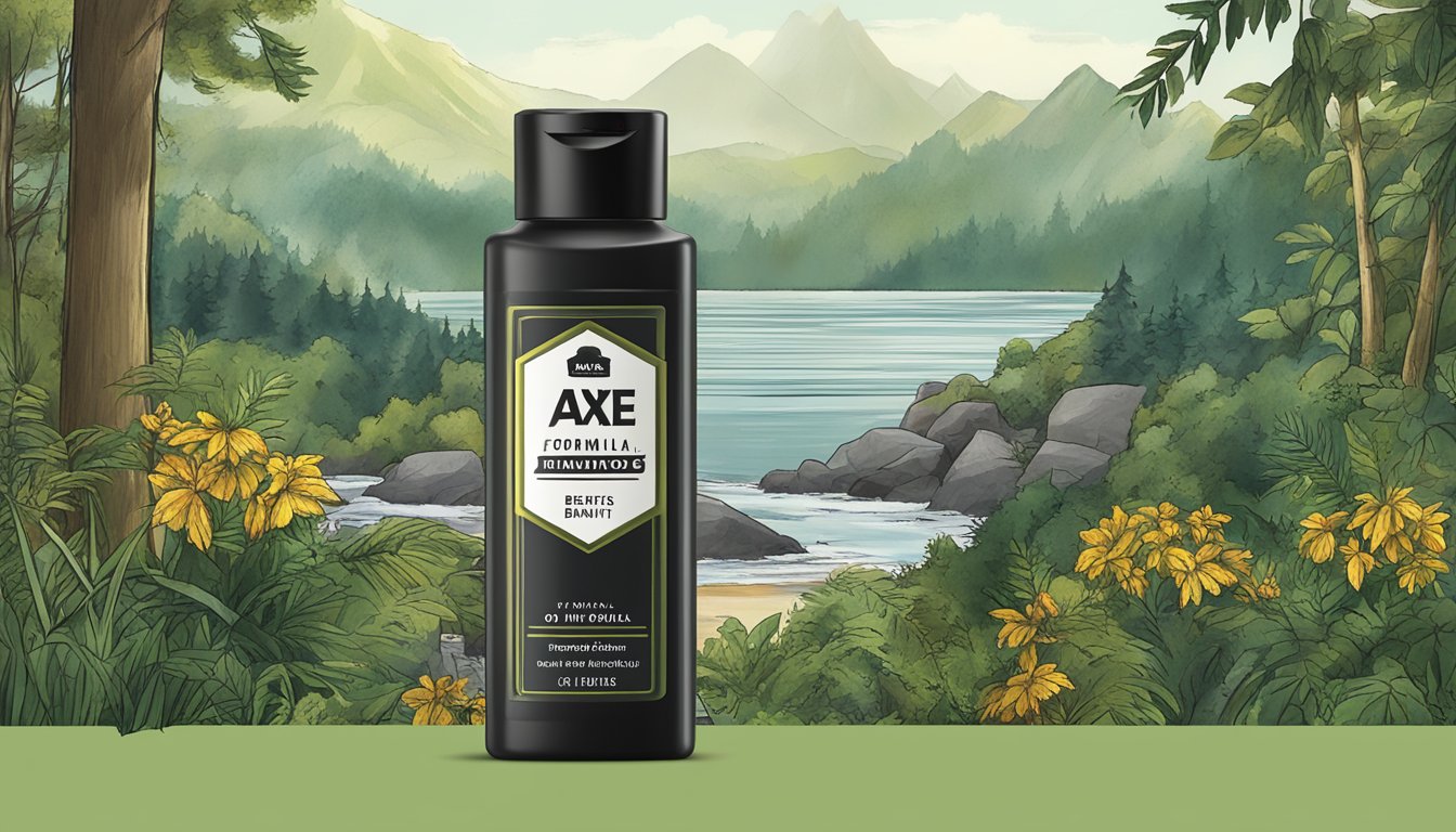 A bottle of Axe brand oil stands against a backdrop of natural elements, with words like "unique formula" and "benefits" highlighted on the label