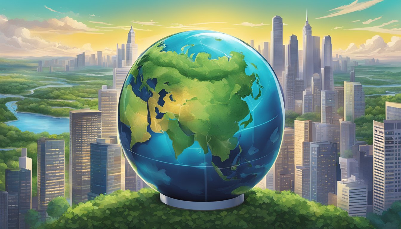 A large, vibrant globe sits atop a sleek bottle of Global Presence axe brand oil, surrounded by a backdrop of lush greenery and towering city skylines