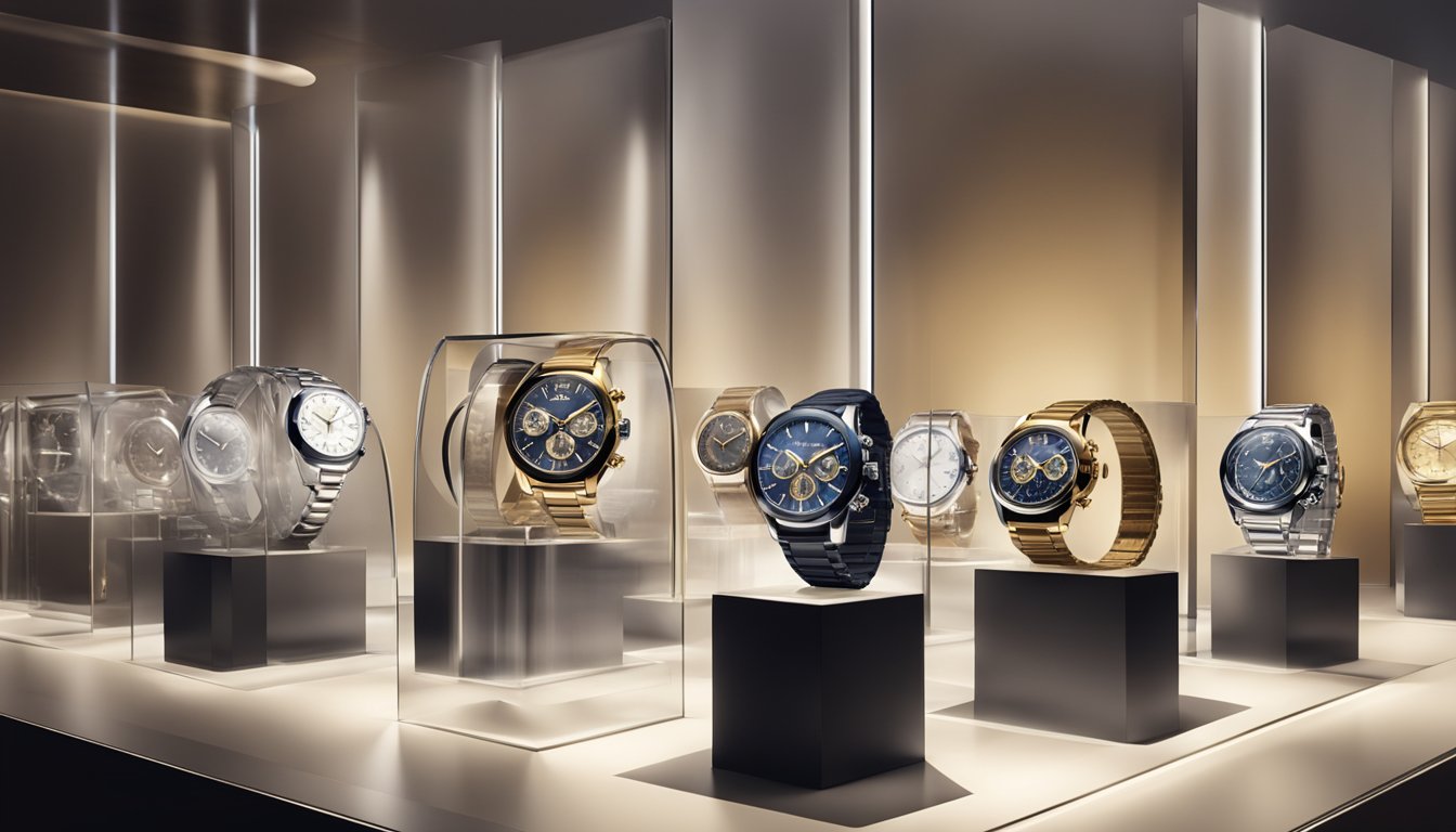 Luxury watch brands displayed in a glass case with soft spotlights highlighting their intricate designs and shimmering details
