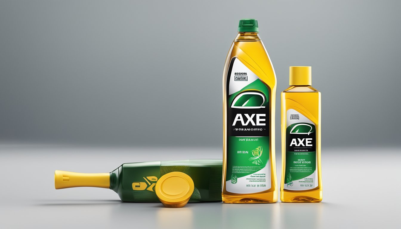 A bottle of Axe brand oil stands on a clean, white surface with the brand name and product information clearly visible