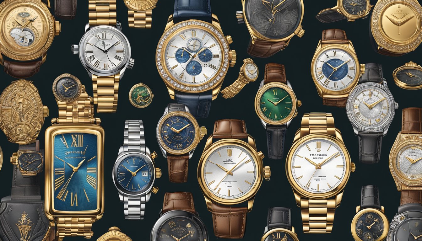 A display of iconic luxury watch brands, showcasing their exquisite craftsmanship and opulent designs. The gleaming timepieces are arranged on velvet-lined trays, each brand's logo prominently displayed