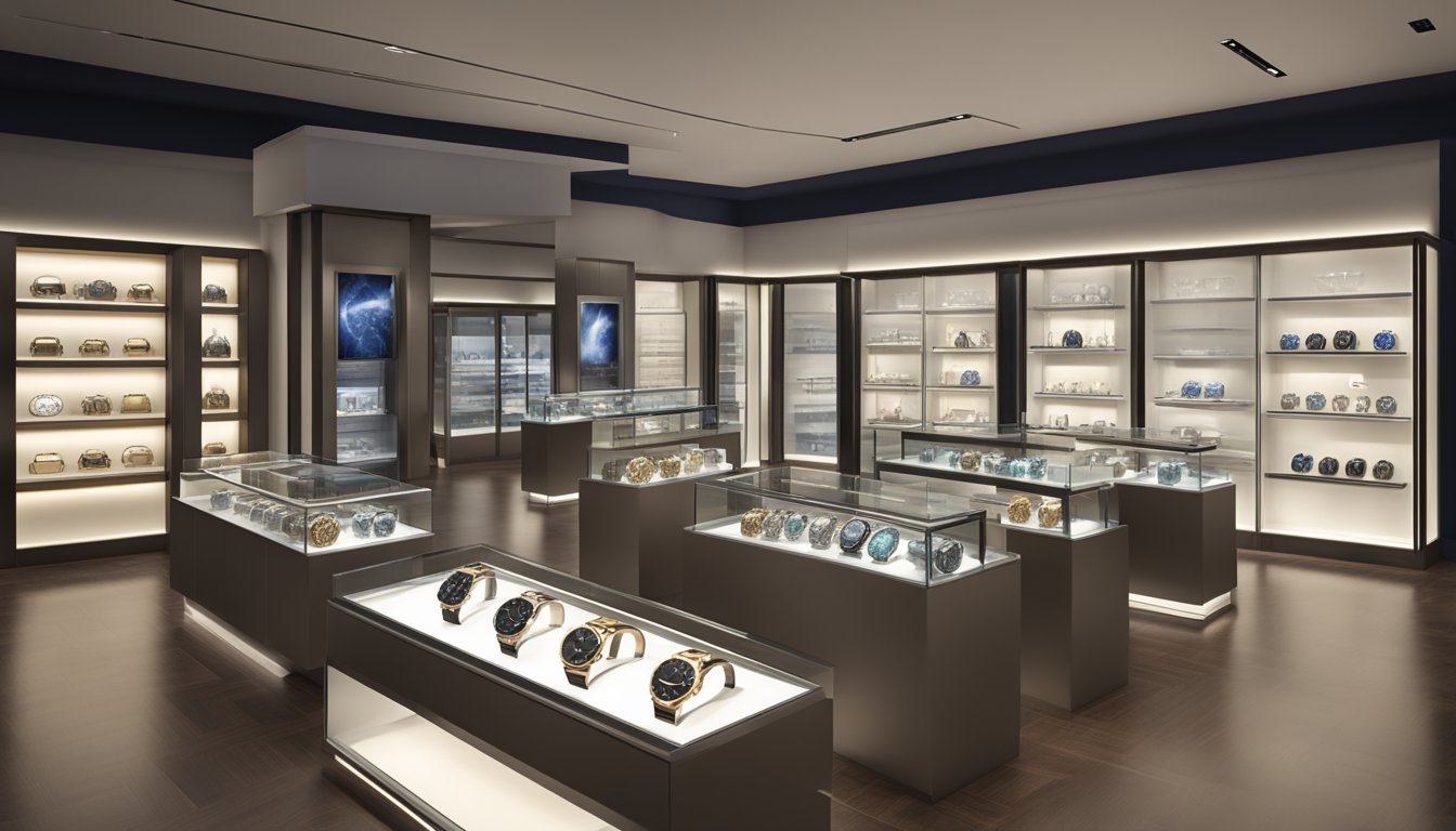 Luxury watches displayed in a sleek, modern store with polished glass cases and soft, ambient lighting showcasing the intricate details of their innovative timekeeping mechanisms