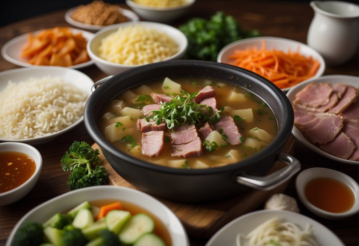 A bubbling pot of broth surrounded by plates of thinly sliced meats, fresh vegetables, and dipping sauces on a table