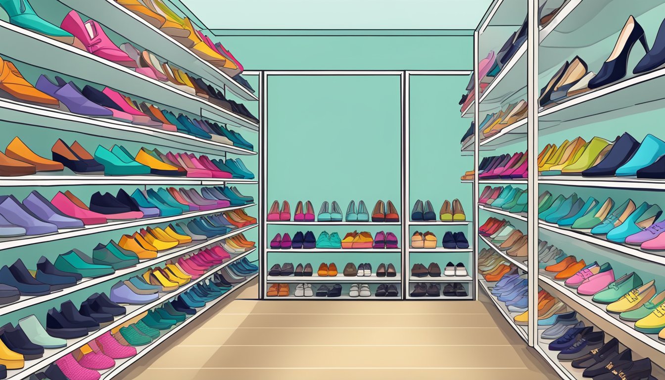 A display of colorful women's branded shoes arranged on shelves in a trendy boutique