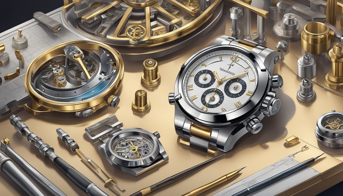 A luxurious watch workshop with intricate tools and precision instruments, showcasing the craftsmanship of expensive watch brands