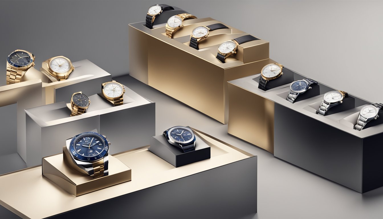A display of luxury watch brands with price tags and elegant packaging
