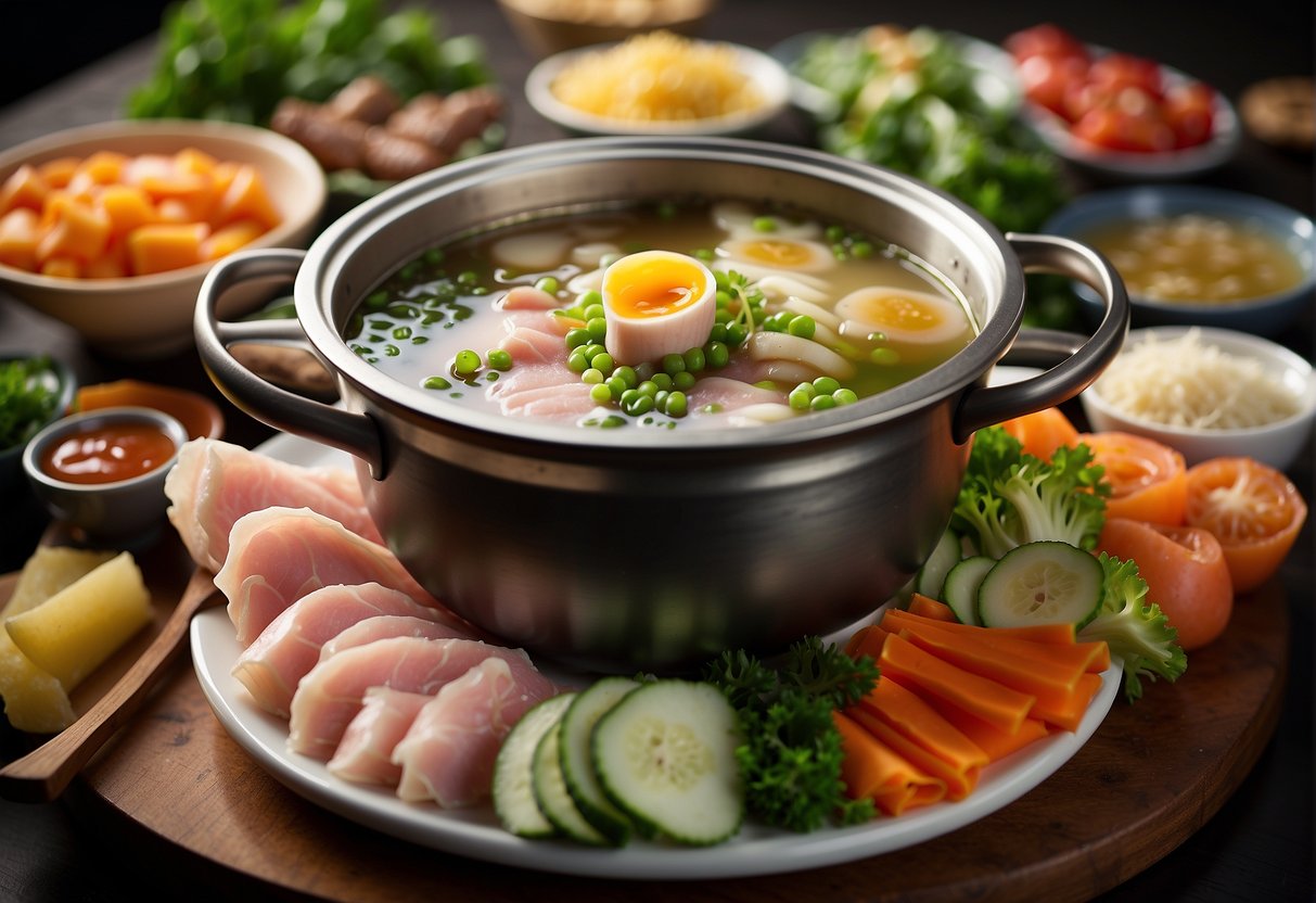 A bubbling pot of savory broth surrounded by fresh vegetables, thinly sliced meats, and dipping sauces on a table set for shabu shabu