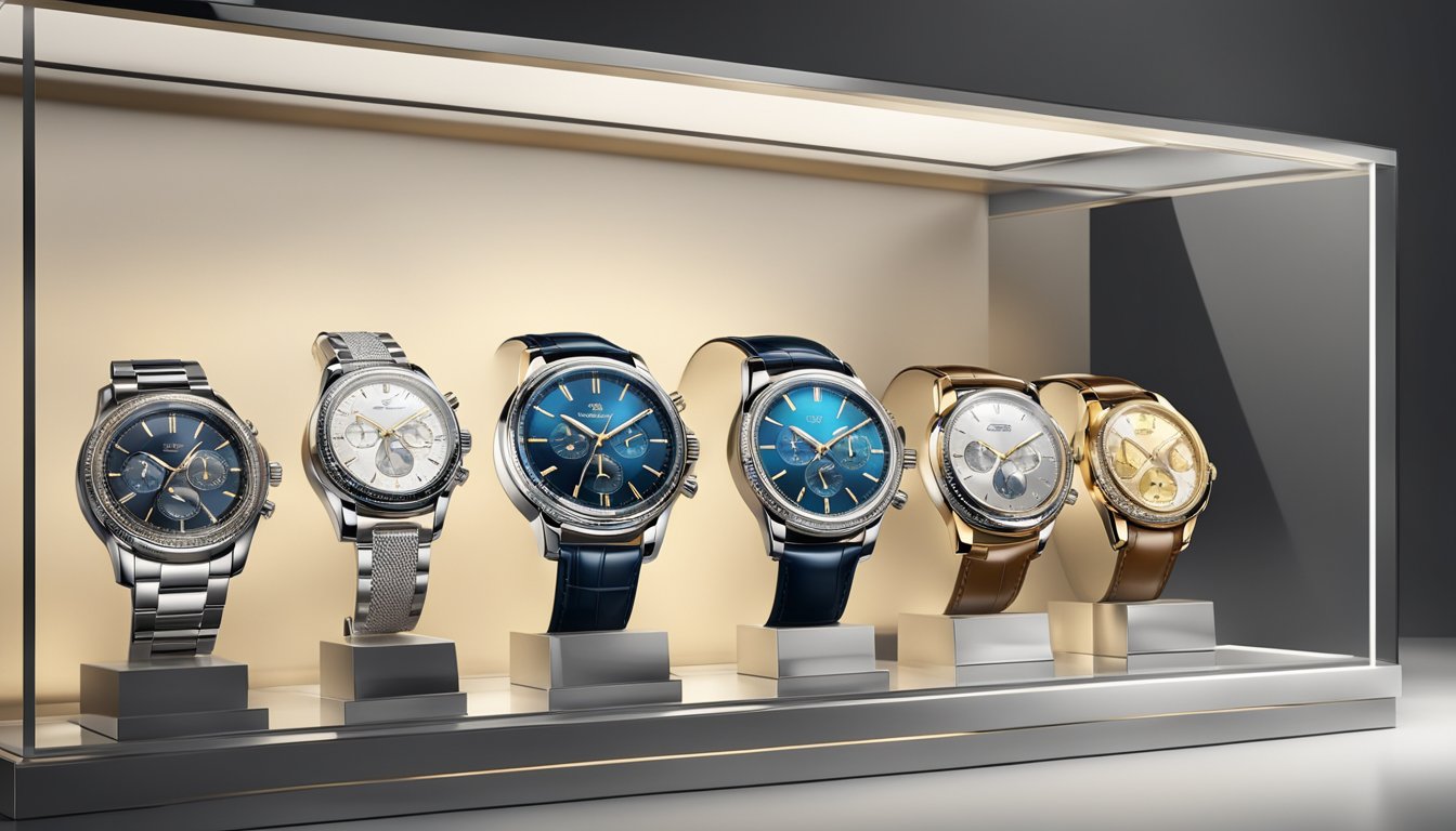 Luxury watches displayed in a sleek, modern showcase. Reflective surfaces and soft lighting highlight the intricate details of the expensive timepieces