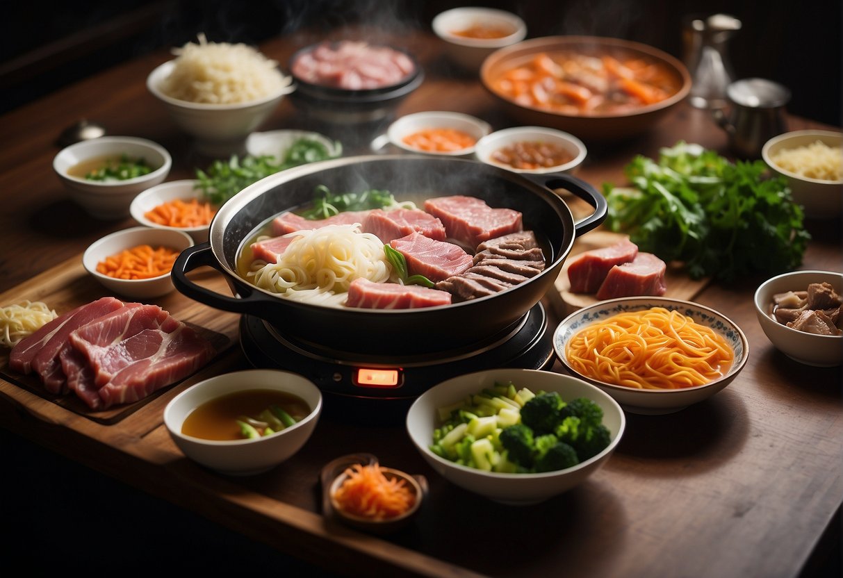 A table with a portable gas stove, a large pot filled with broth, and an assortment of raw meats, vegetables, and noodles laid out for a Chinese shabu shabu recipe