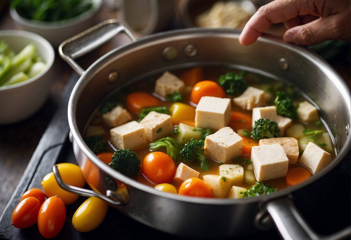Fresh ingredients simmer in a bubbling pot of clear broth. Sliced meats, tofu, and vegetables await to be cooked in the flavorful liquid