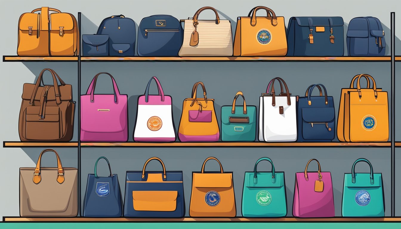 Various bag brands displayed on shelves with colorful logos and designs
