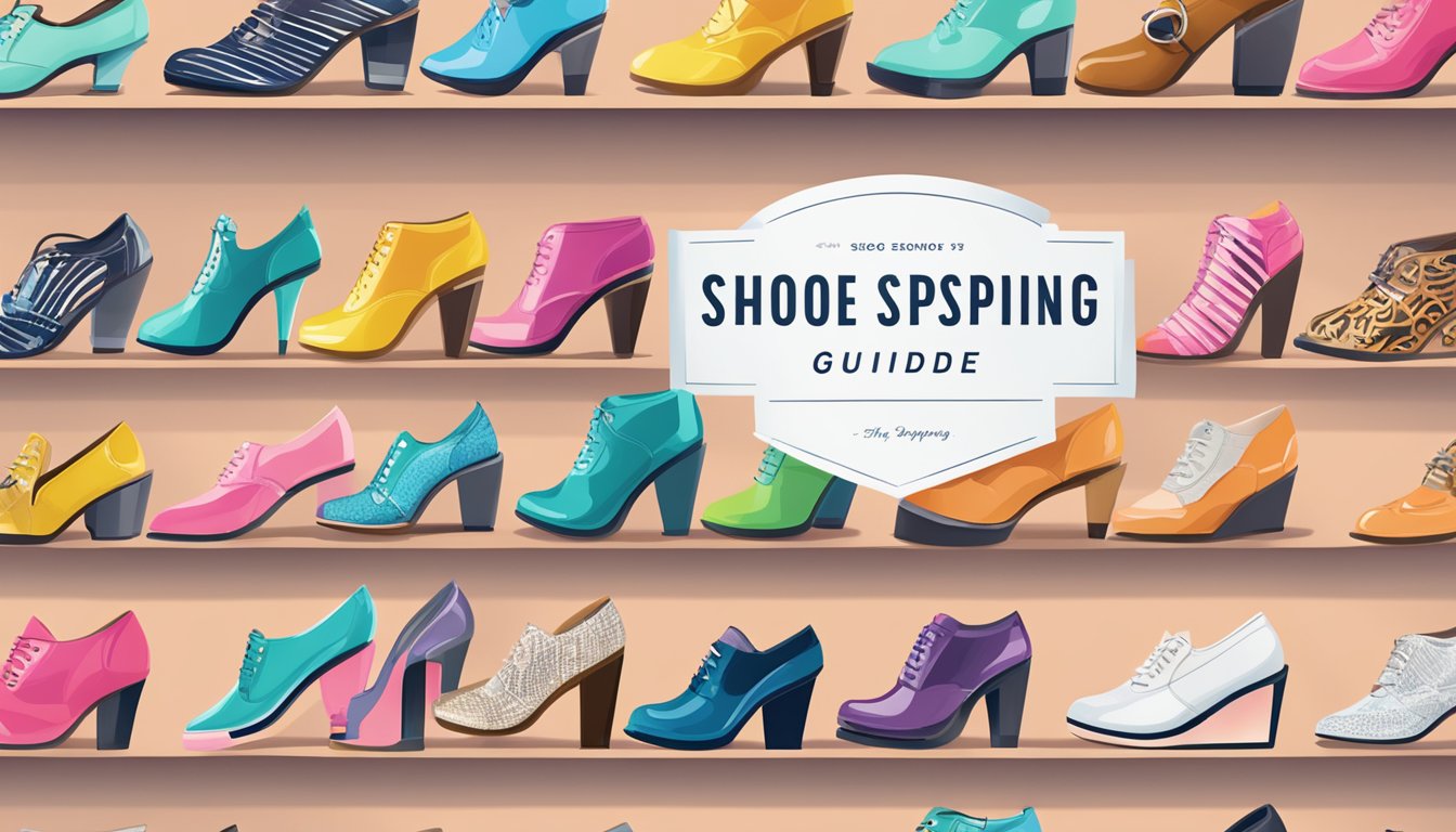 A display of colorful, stylish women's shoes with the Shoe Shopping Guide logo prominently featured