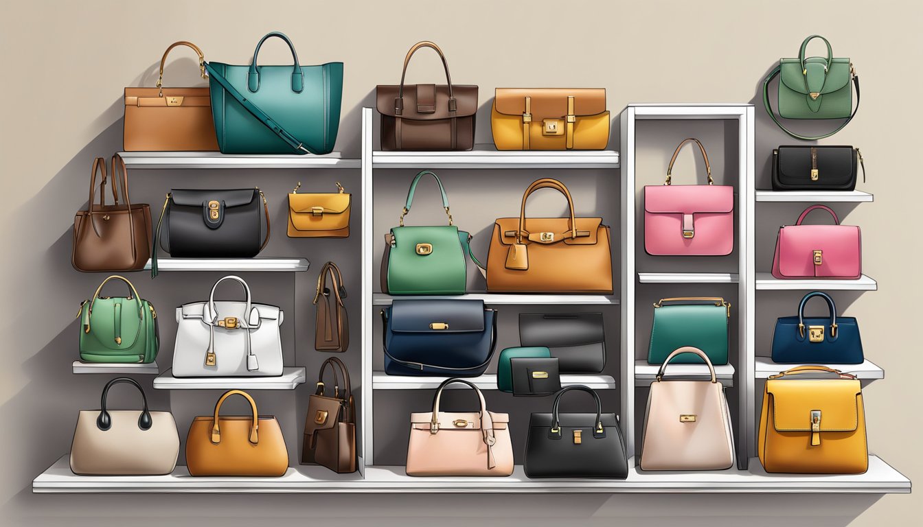 A display of iconic designer handbags arranged on a sleek, modern shelf with soft, flattering lighting