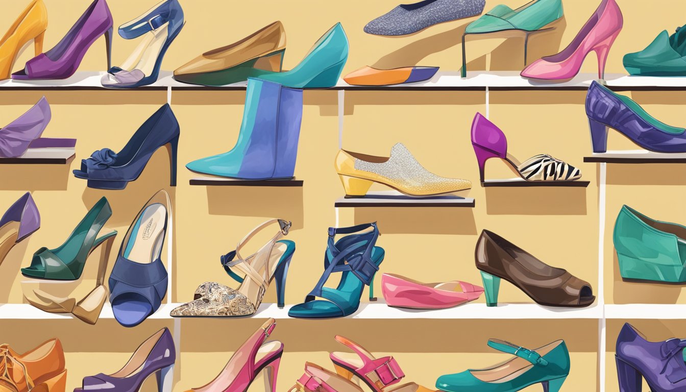 A colorful display of women's shoes, ranging from elegant heels to casual flats, with the brand "Footwear for Every Occasion" prominently featured