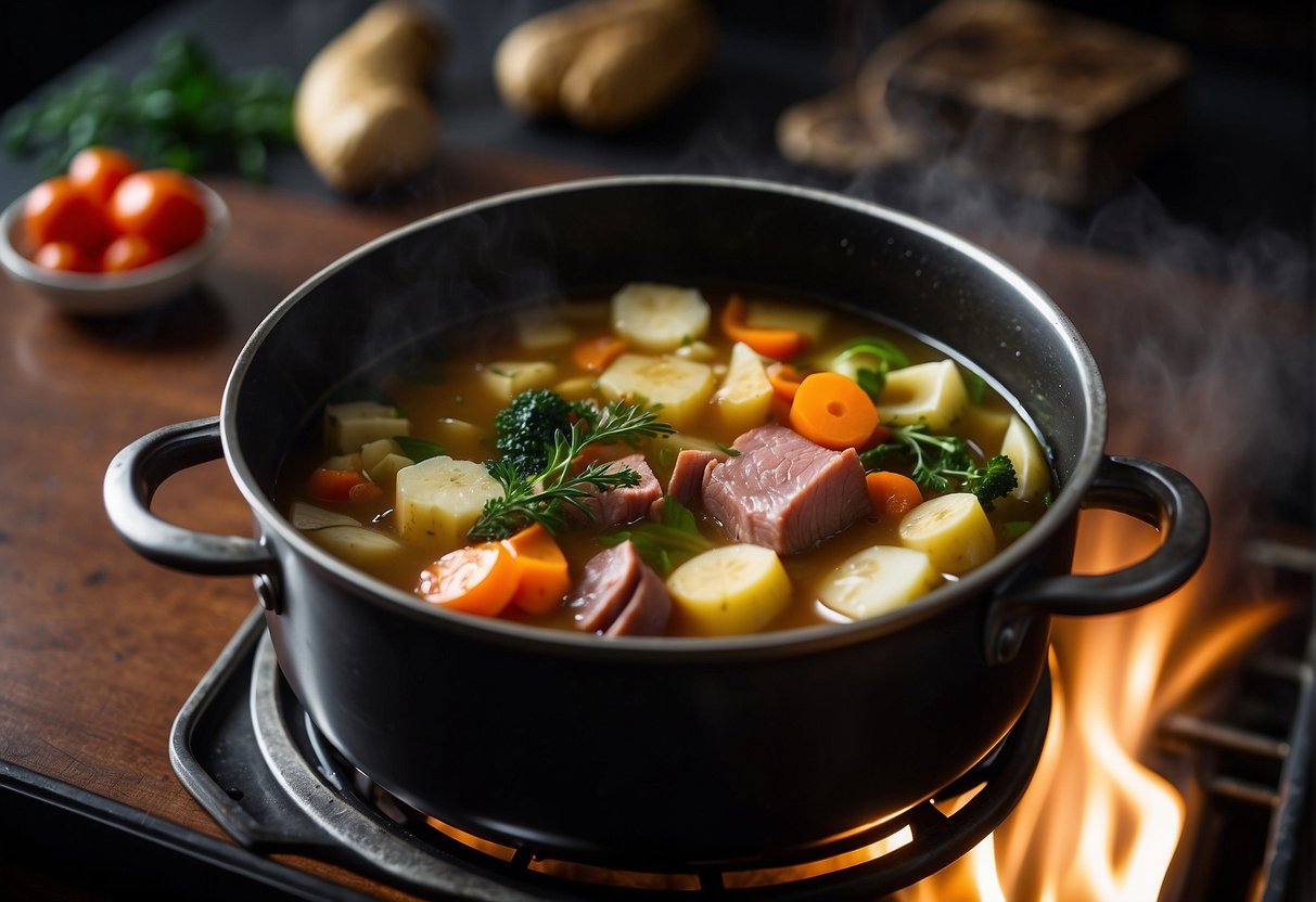 Sliced vegetables and thinly cut meat arranged around a simmering pot of broth on a tabletop stove