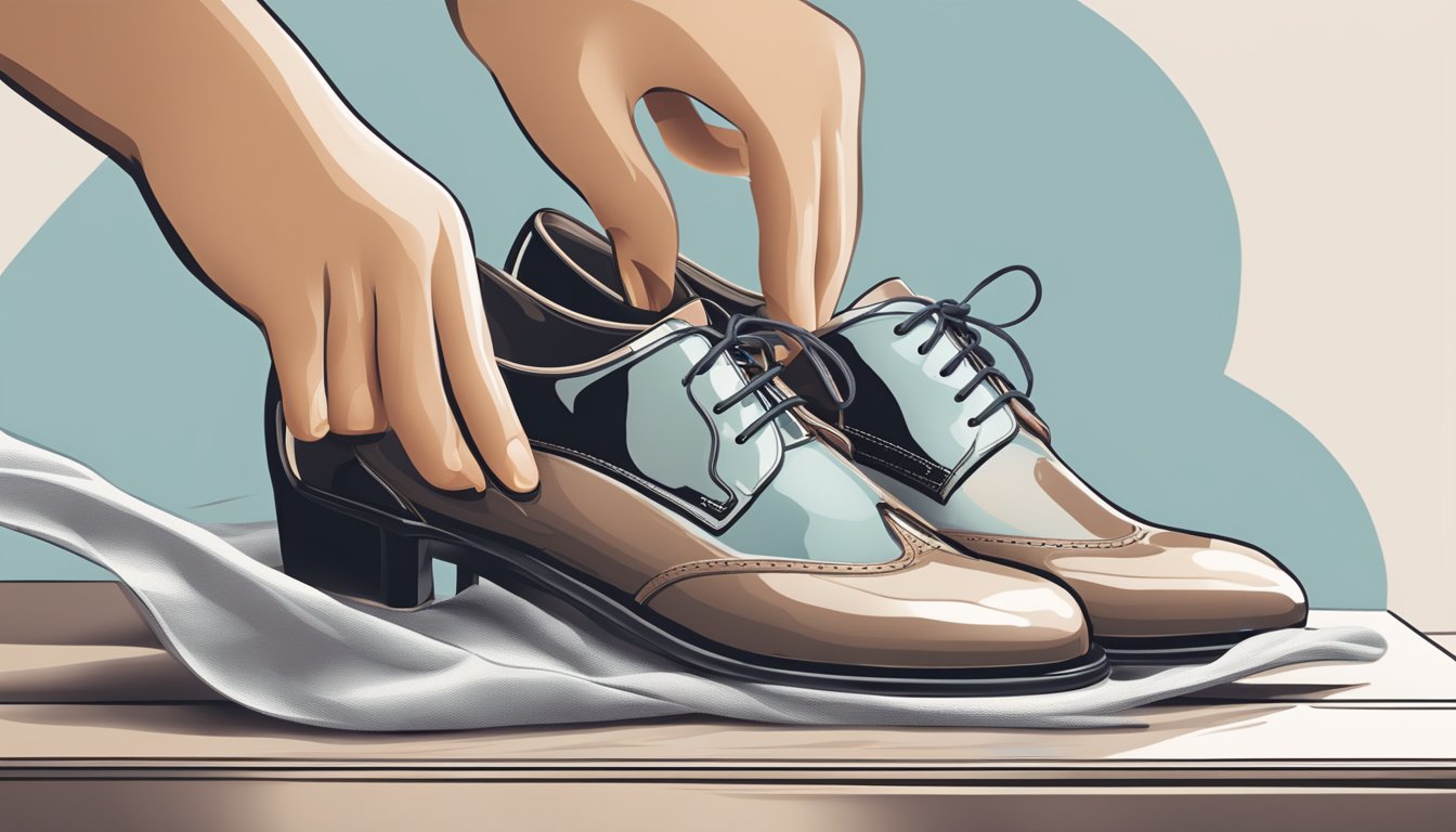 A woman's branded shoes being gently wiped clean and polished with a soft cloth