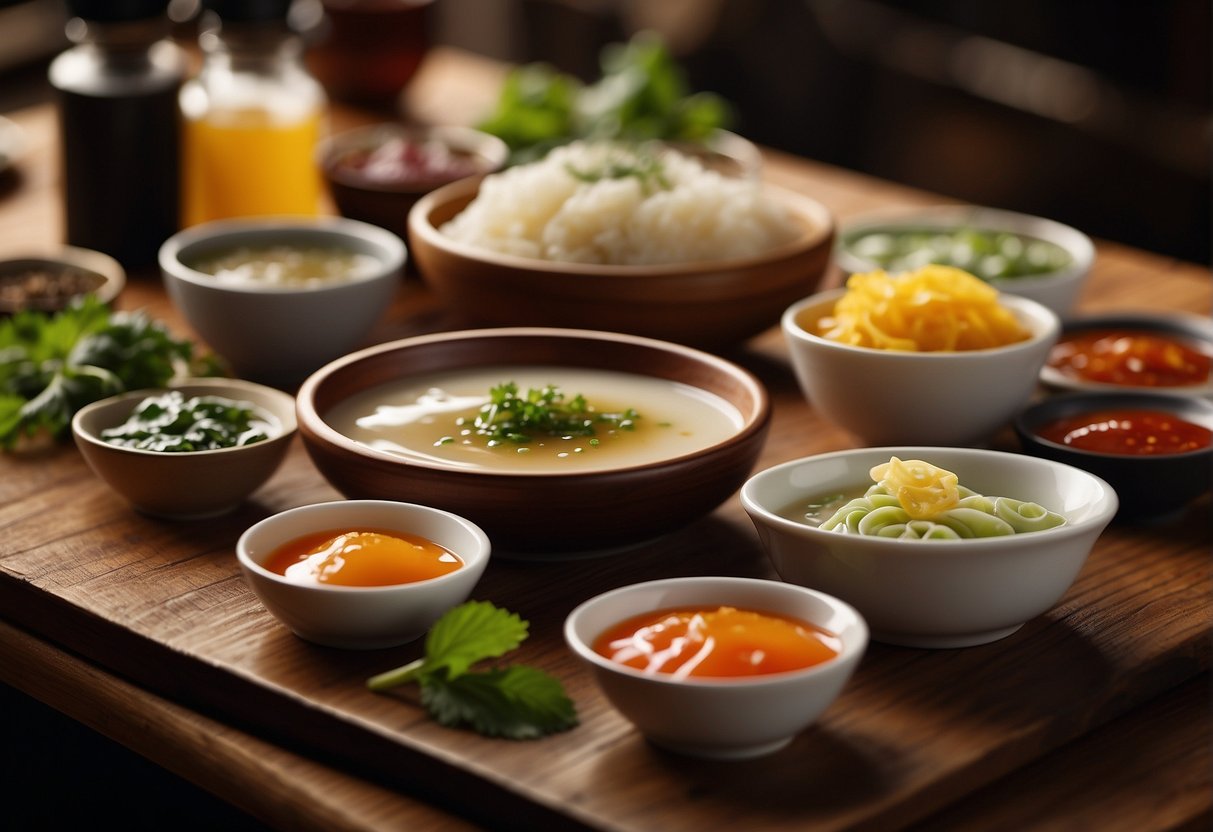 A variety of colorful dipping sauces and condiments are arranged neatly on a wooden table, ready to accompany a steaming pot of Chinese shabu shabu