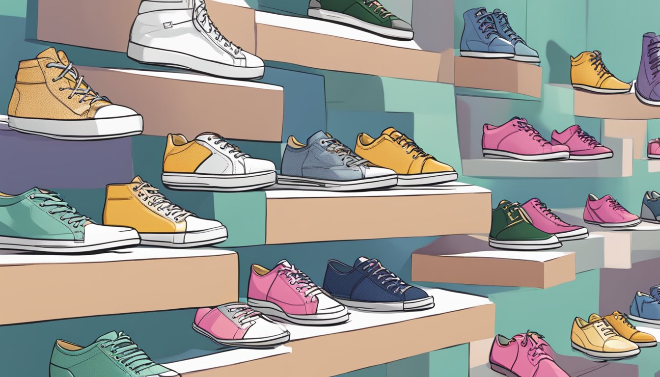 A display of women's shoes with "Frequently Asked Questions" branding