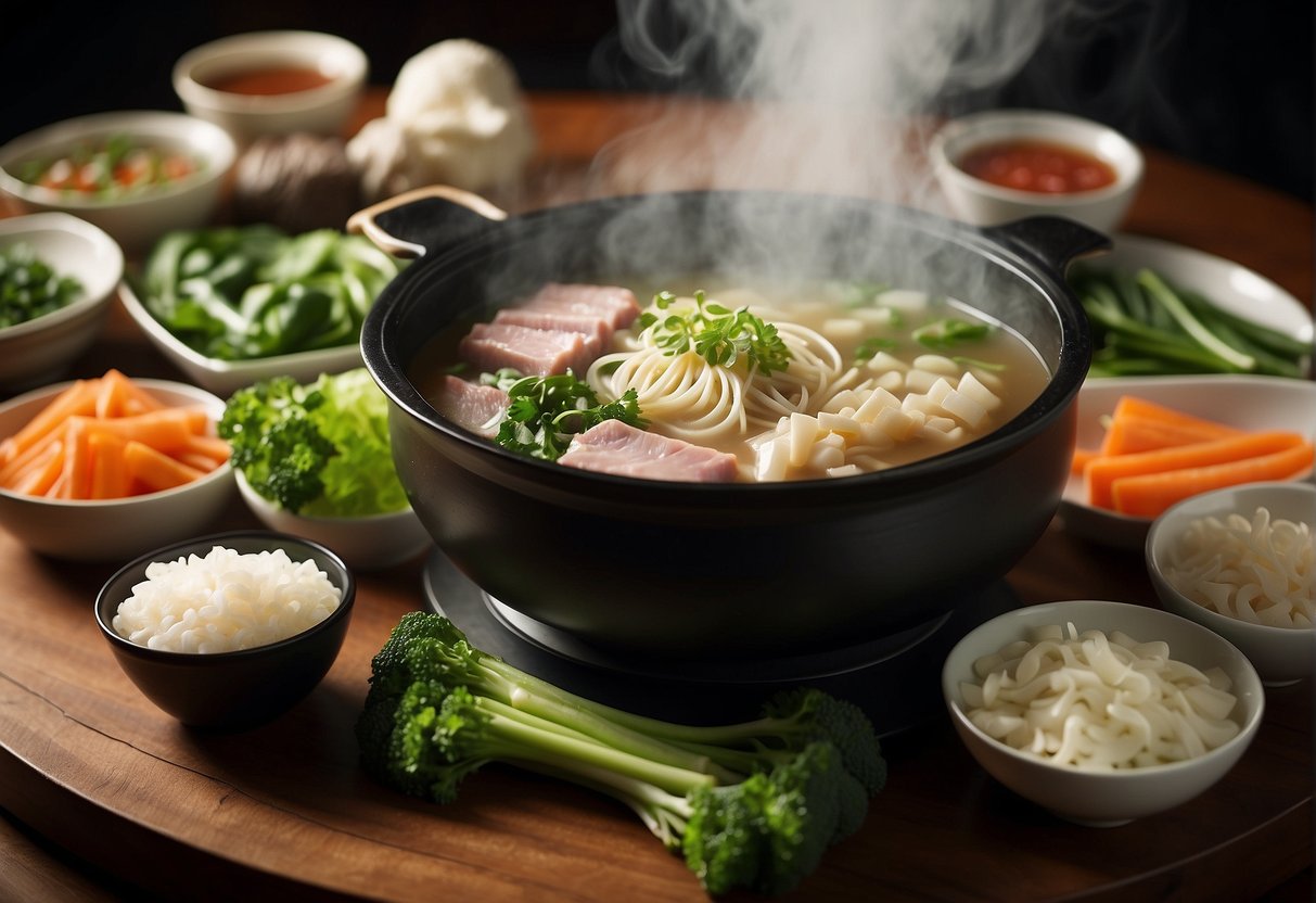 A steaming pot of Chinese shabu shabu broth surrounded by fresh vegetables, thinly sliced meat, and dipping sauces on a table