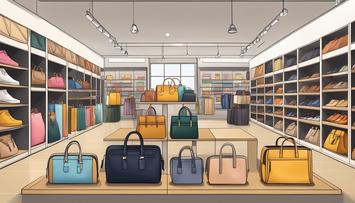 A display of diverse bag brands, ranging from emerging to affordable, arranged on shelves in a stylish boutique setting