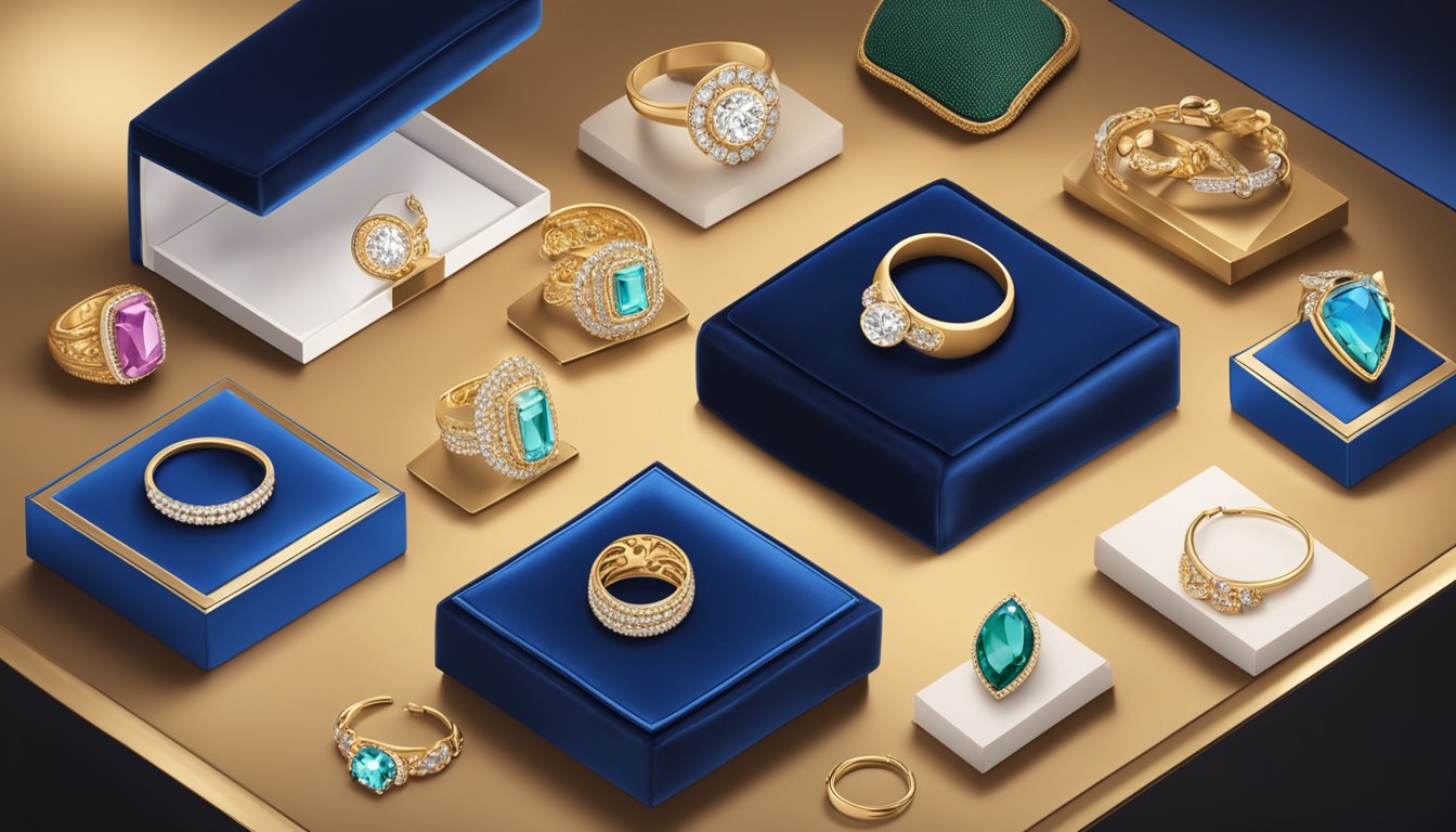 A display of elegant jewelry brands arranged on velvet cushions under soft, warm lighting
