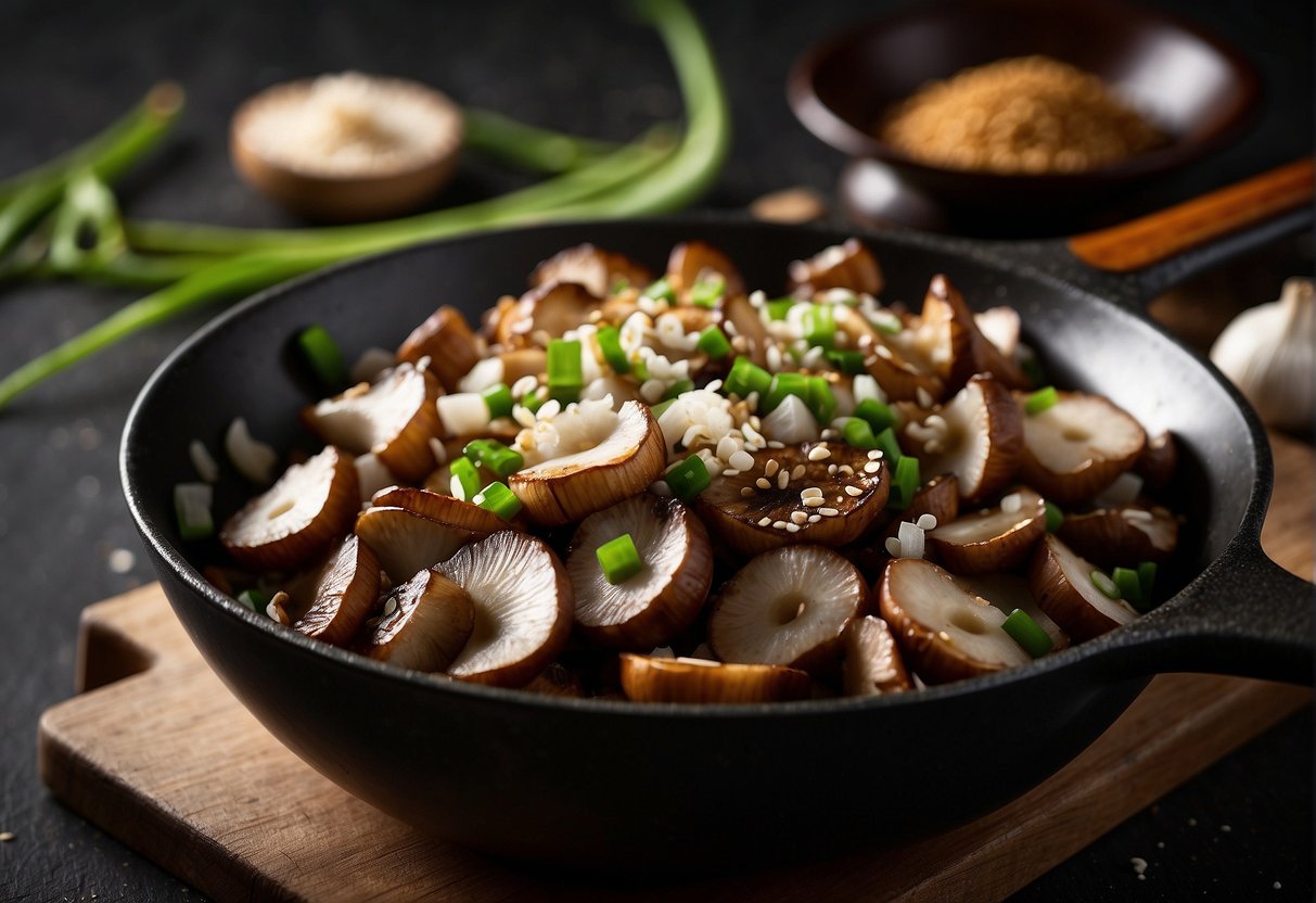 Sliced shiitake mushrooms sizzle in a hot wok with garlic, ginger, and soy sauce. Green onions and sesame seeds sprinkle over the savory dish