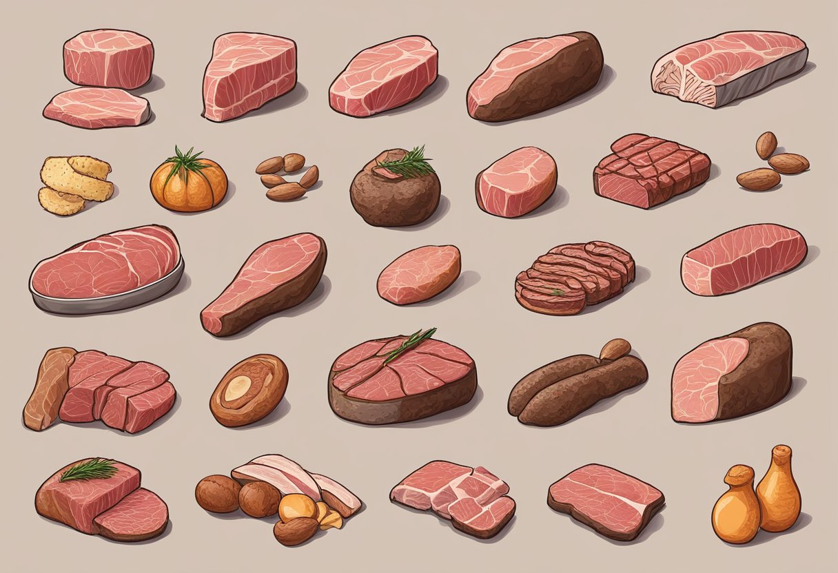 A hand reaches for various cuts of meat and fat, balancing ratios