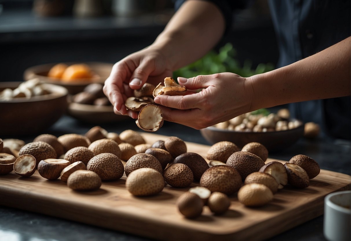 A hand reaches for fresh shiitake mushrooms, slicing and preparing them for a Chinese recipe