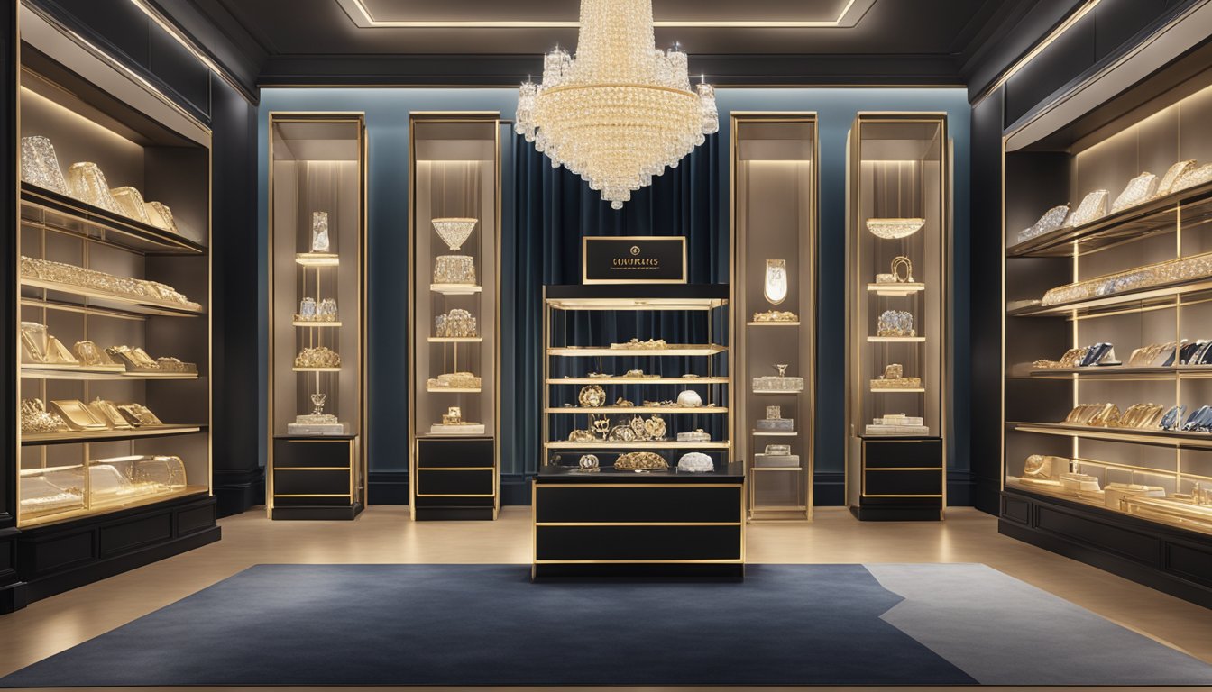 A display of iconic jewelry brands, featuring elegant and luxurious pieces, arranged on velvet-lined shelves under soft, warm lighting