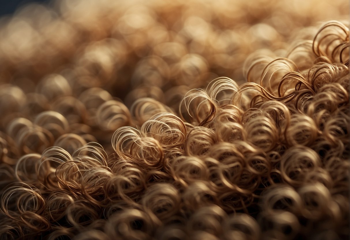 A close-up of curly pubic hair with varying lengths and textures, depicting the natural structure and characteristics of pubic hair