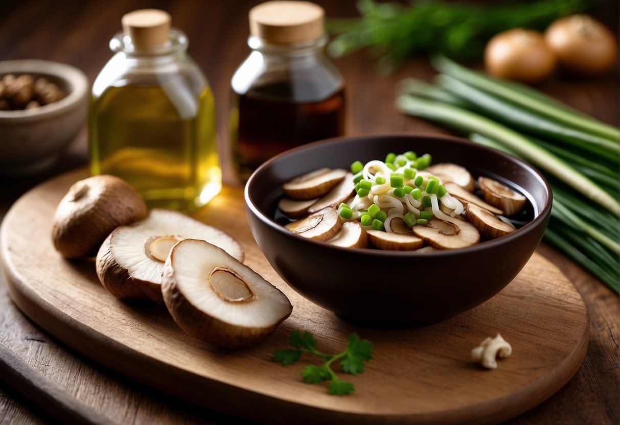 Sliced shiitake mushrooms, soy sauce, ginger, garlic, and green onions arranged on a wooden cutting board with a bowl of vegetable broth and a bottle of sesame oil nearby
