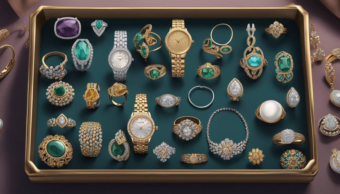 A display of various jewelry types and brands arranged on a velvet-lined tray under soft lighting