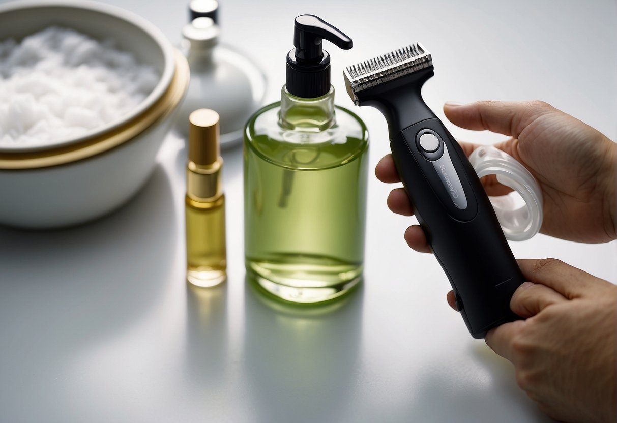 A pair of hands holding a curly pubic hair trimmer and a bottle of soothing oil on a clean, white surface
