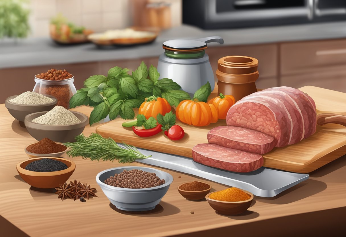 A cutting board with various spices and herbs, a bowl of ground meat, and a sausage stuffer on a kitchen counter