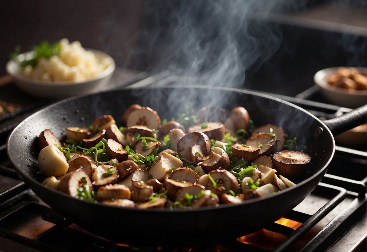 Sautéing shiitake mushrooms in a sizzling wok with garlic and ginger, as steam rises and a savory aroma fills the air