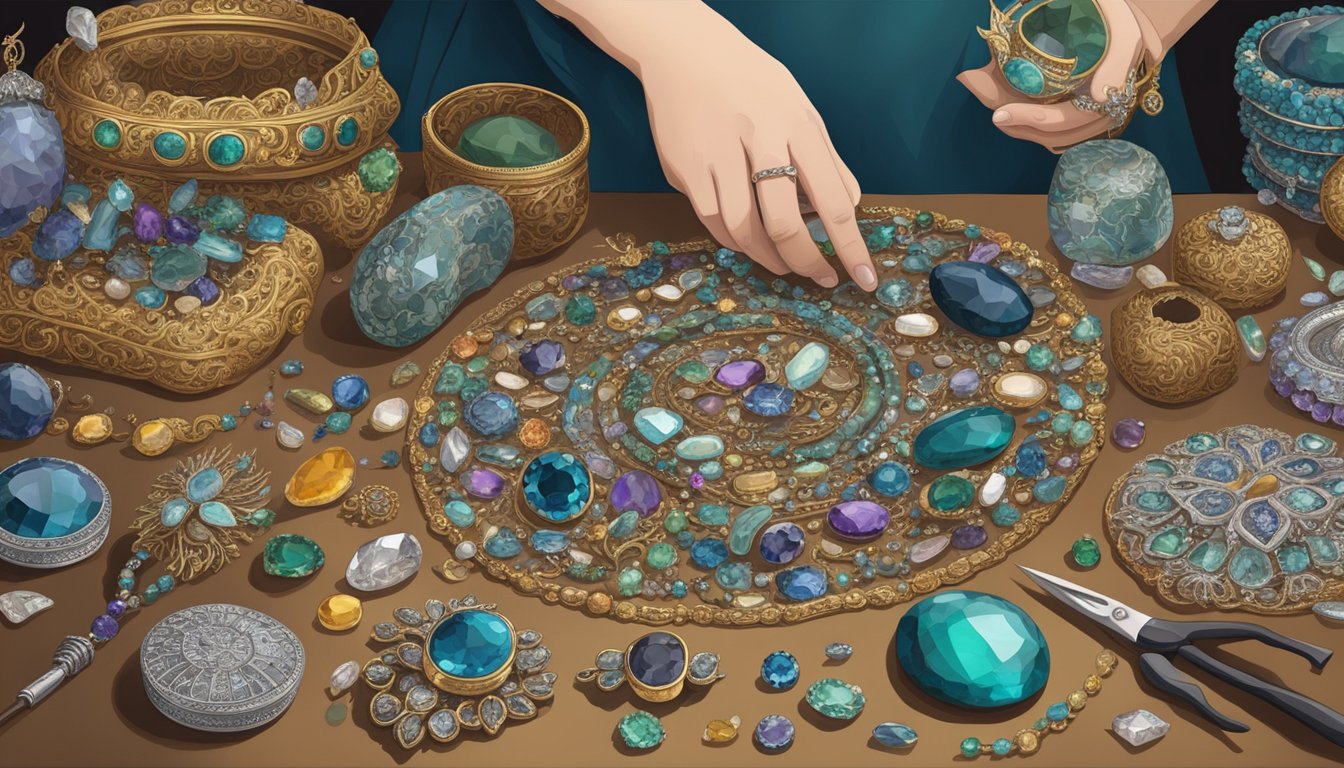 A table cluttered with gemstones, tools, and intricate designs. A jeweler's hands meticulously crafting a delicate piece of jewelry